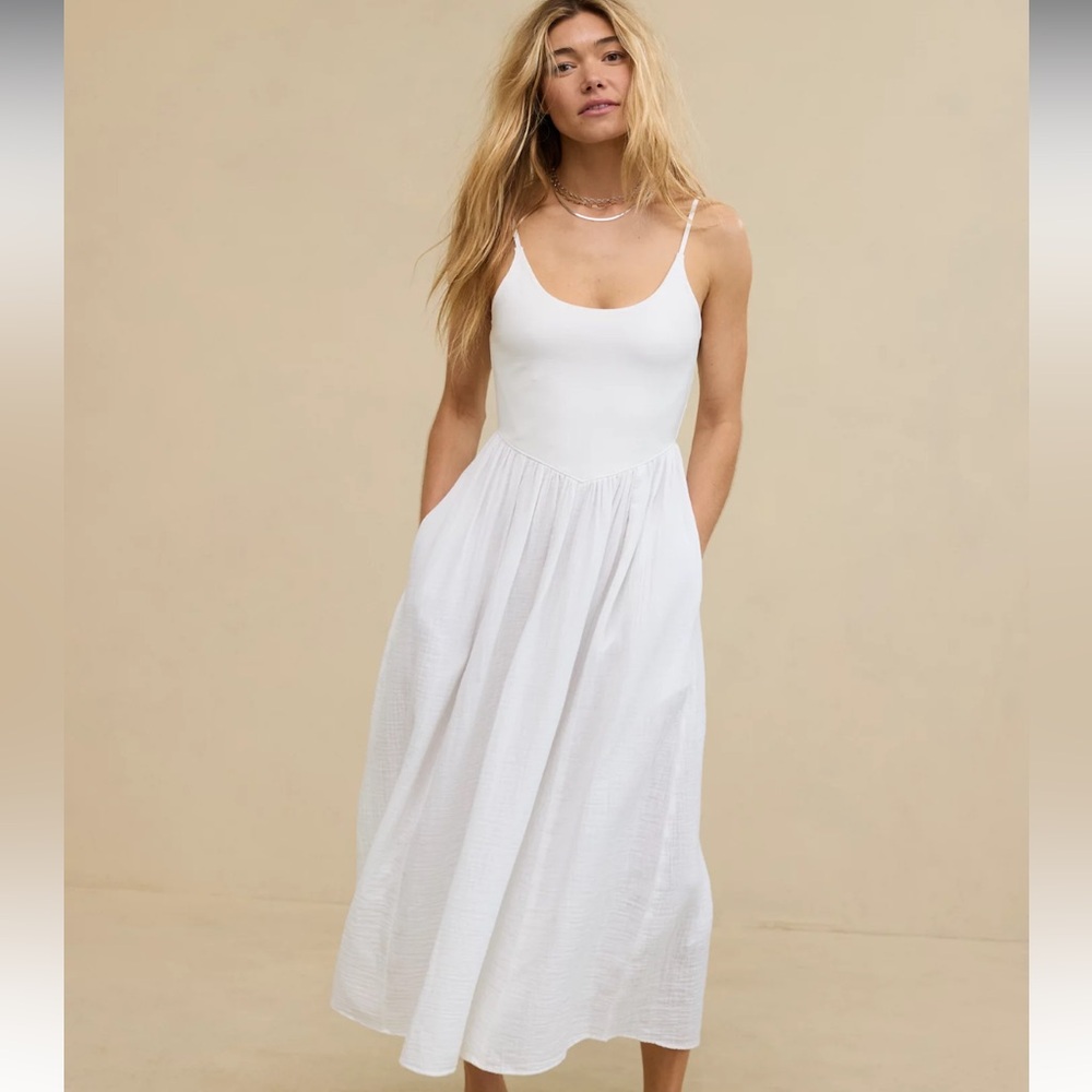 aerie White Sleeveless Scoop Neck Midi Dress